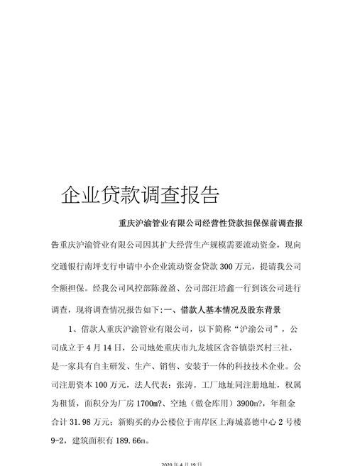 关于[企业名称]流动资金贷款调查报告